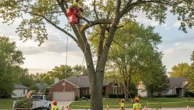 Professional crew performing precision tree removal with bucket truck in Naperville, IL