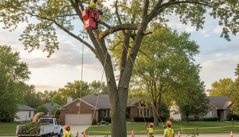 Professional crew performing precision tree removal with bucket truck in Naperville, IL