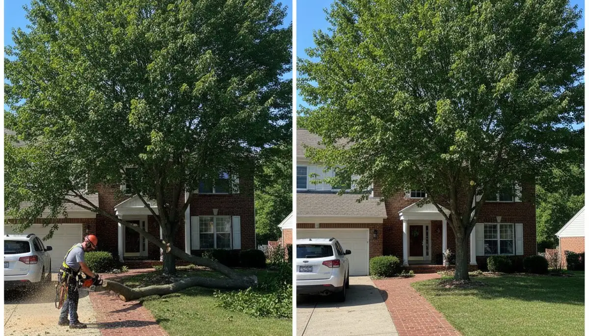 Arborist lifting tree canopy for driveway clearance in Naperville IL during professional tree trimming service