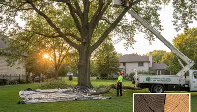 Arborists performing professional deadwood removal on residential tree in Naperville, IL