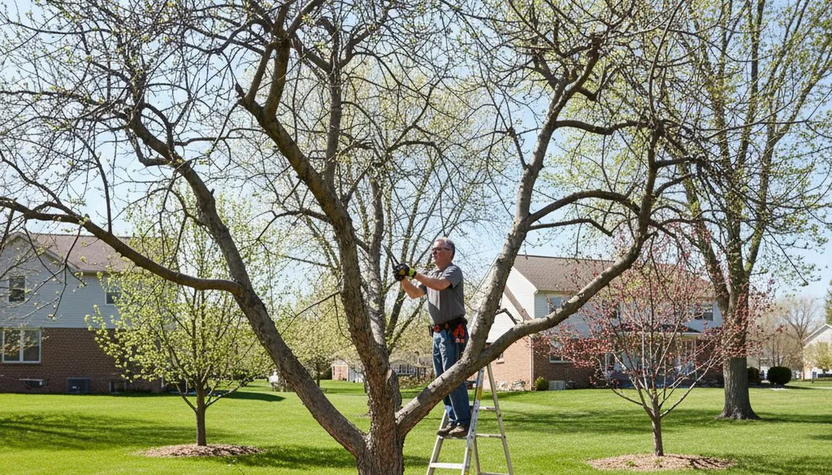 Arborist pruning fruit tree in Naperville IL backyard orchard with loppers for healthy growth