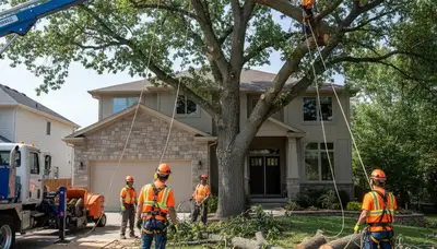 Arborists using bucket truck for large tree removal at residential property in Aurora, IL