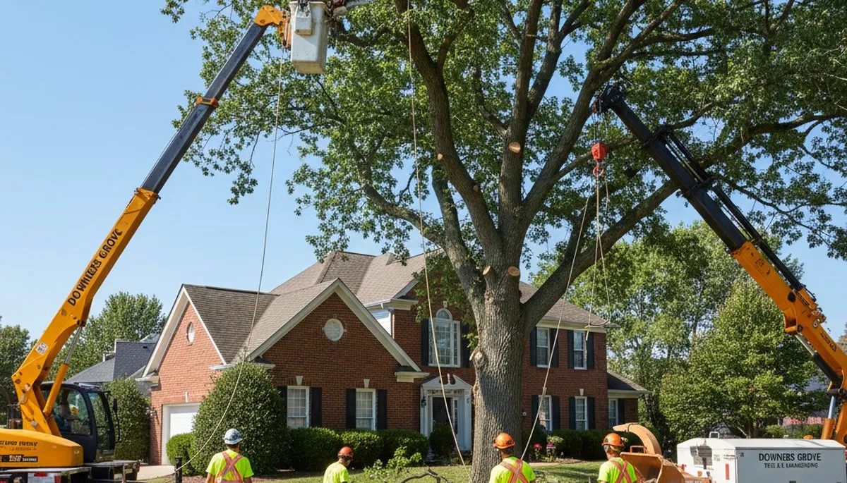 Arborists performing large tree removal with bucket truck in Naperville, IL residential neighborhood