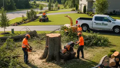 Professional lawn care and tree service team in Naperville, IL maintaining healthy green lawns