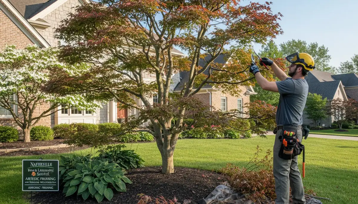 Arborist hand pruning Japanese maple for ornamental tree care in Naperville, IL residential yard