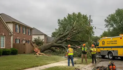 Emergency tree removal crew clearing storm-damaged trees in Naperville, IL after severe weather