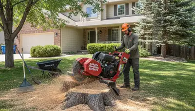 Professional stump grinding service removing tree stumps in Aurora, IL for Naperville tree care company