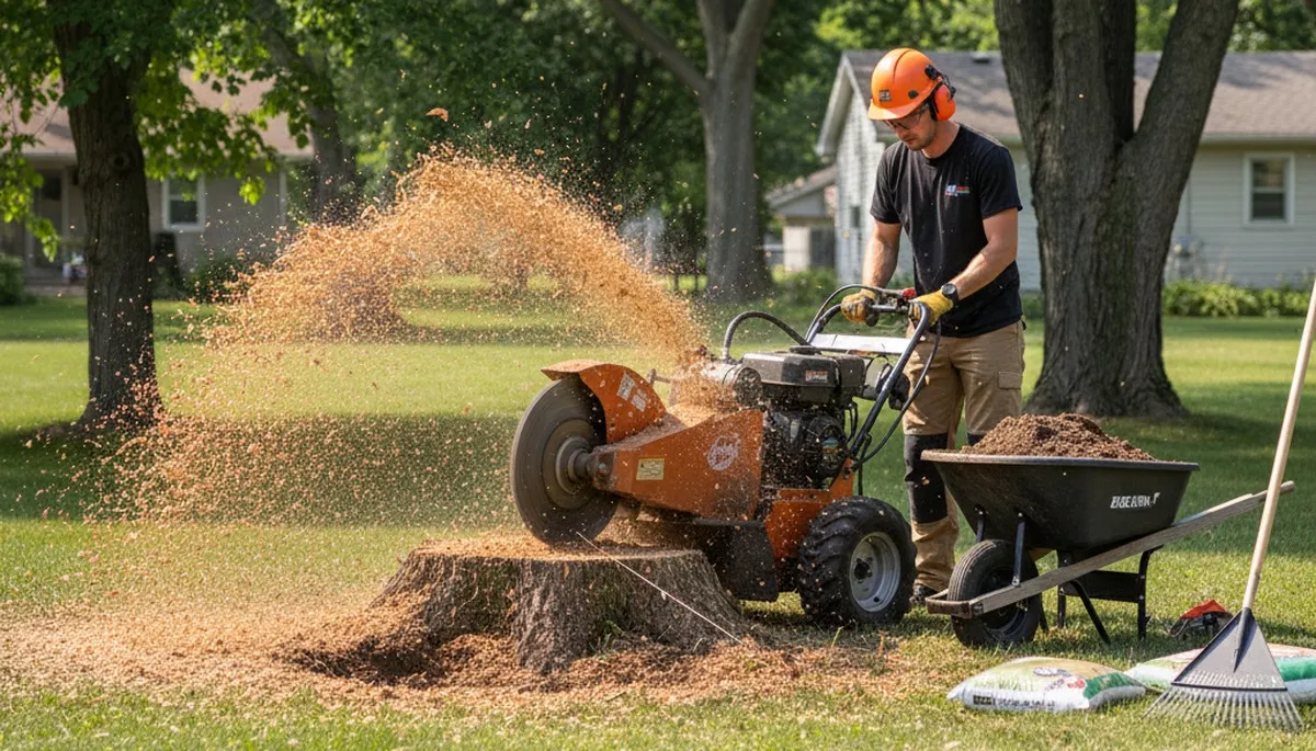 Professional stump grinding service removing tree stumps in Downers Grove, IL for Naperville tree care