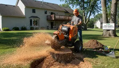 Professional stump grinding removing tree stumps in Fox Valley near Naperville, IL lawn restoration