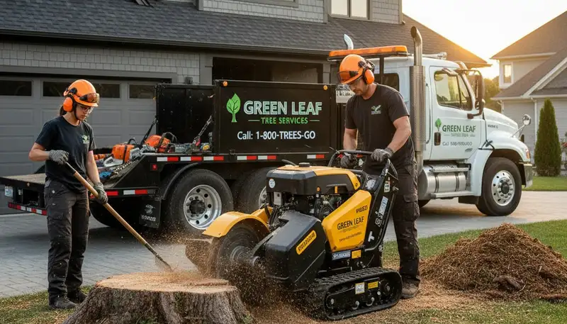 Arborist performing professional stump removal with grinder in Naperville, IL yard