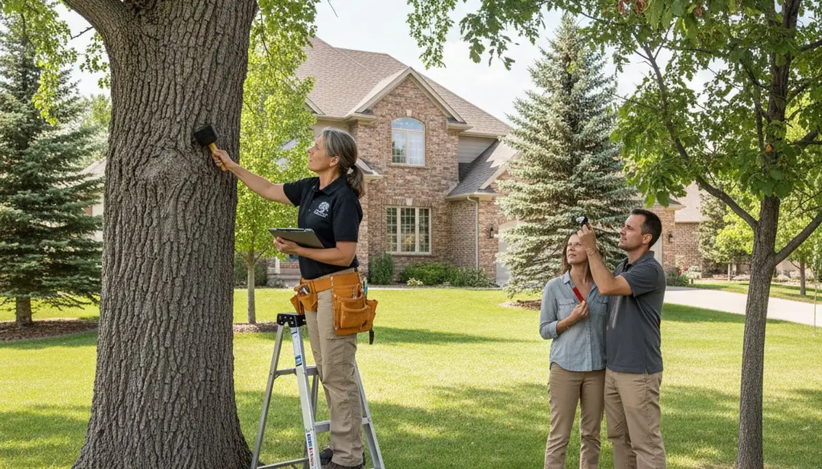 Certified arborist performing tree health assessment for homeowners in Naperville, IL