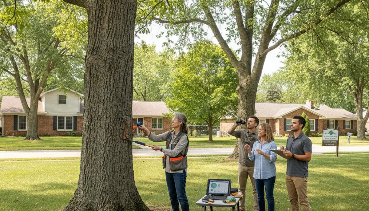 Certified arborist performing tree health assessment for homeowners in Naperville, IL
