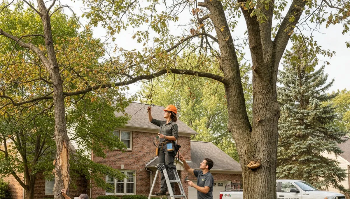 Certified arborist performing tree health assessment for homeowners in Naperville, IL