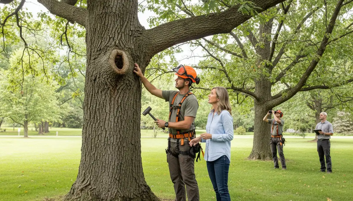 Certified arborist performing tree health assessment for homeowners in Naperville, IL
