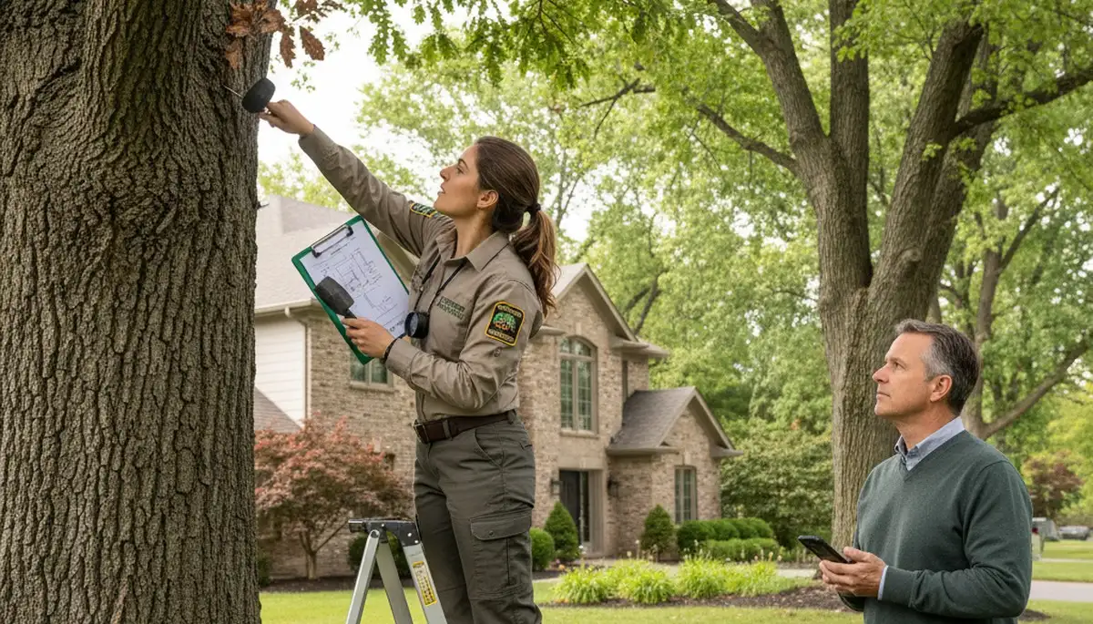 Certified arborist performing tree health assessment for homeowners in Wheaton, near Naperville, IL