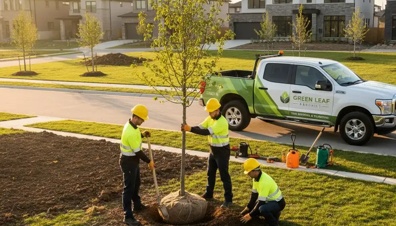 Arborist planting a new tree in residential yard Naperville IL for Chop Chop Tree service