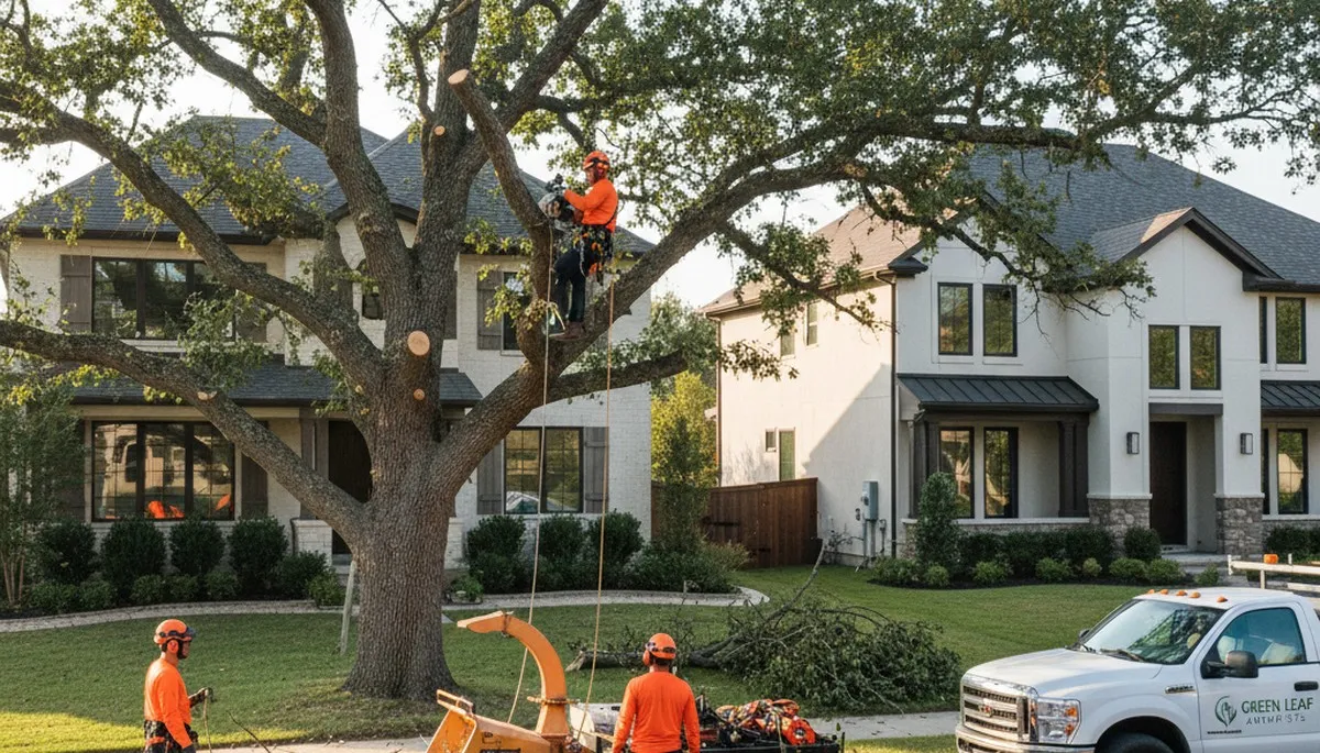 Arborist pruning oak tree branches in residential yard in Naperville, IL