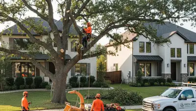 Arborist pruning oak tree branches in residential yard in Naperville, IL