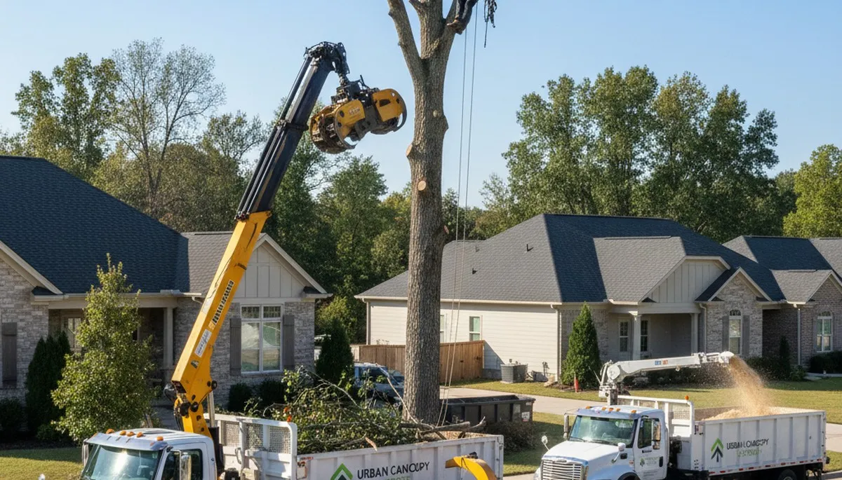 Arborists performing professional tree removal in Naperville, IL for residential property safety