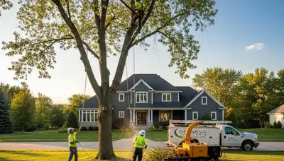 Professional tree removal service crew working safely in Naperville, IL neighborhood yard