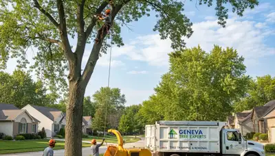 Professional tree removal service in Naperville IL safely cutting large oak tree