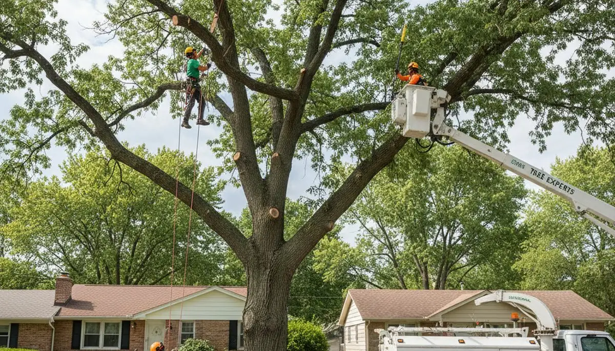 Professional tree removal service in Naperville IL safely cutting down damaged oak tree