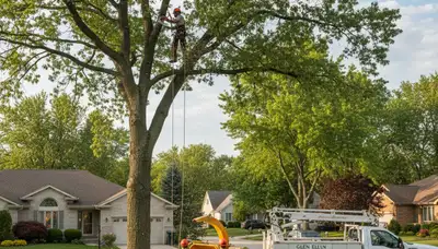 Professional tree removal service in Naperville IL safely cutting large oak tree