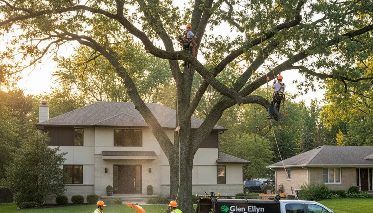 Professional tree removal crew working safely in Naperville, IL residential yard