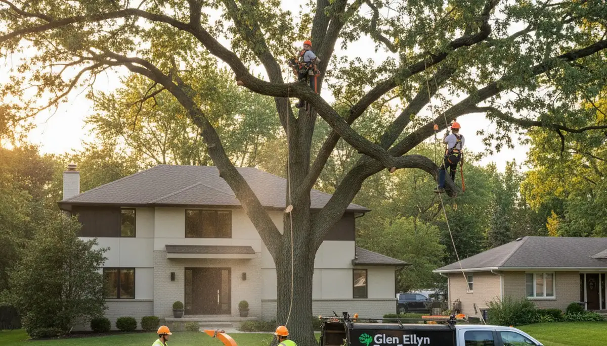 Professional tree removal crew working safely in Naperville, IL residential yard