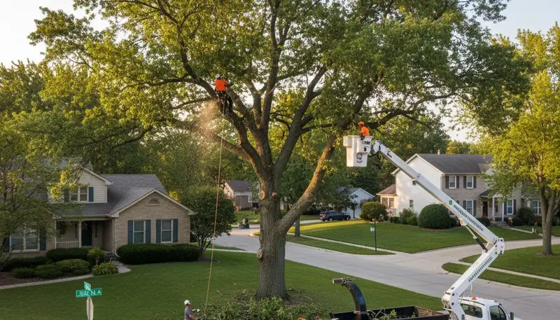 Professional tree removal service in Naperville IL safely cutting and clearing large oak tree