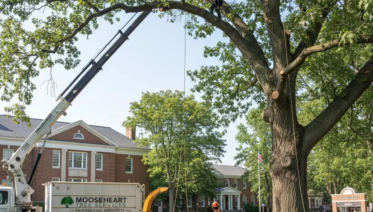 Professional tree removal service in Naperville IL safely cutting large oak tree