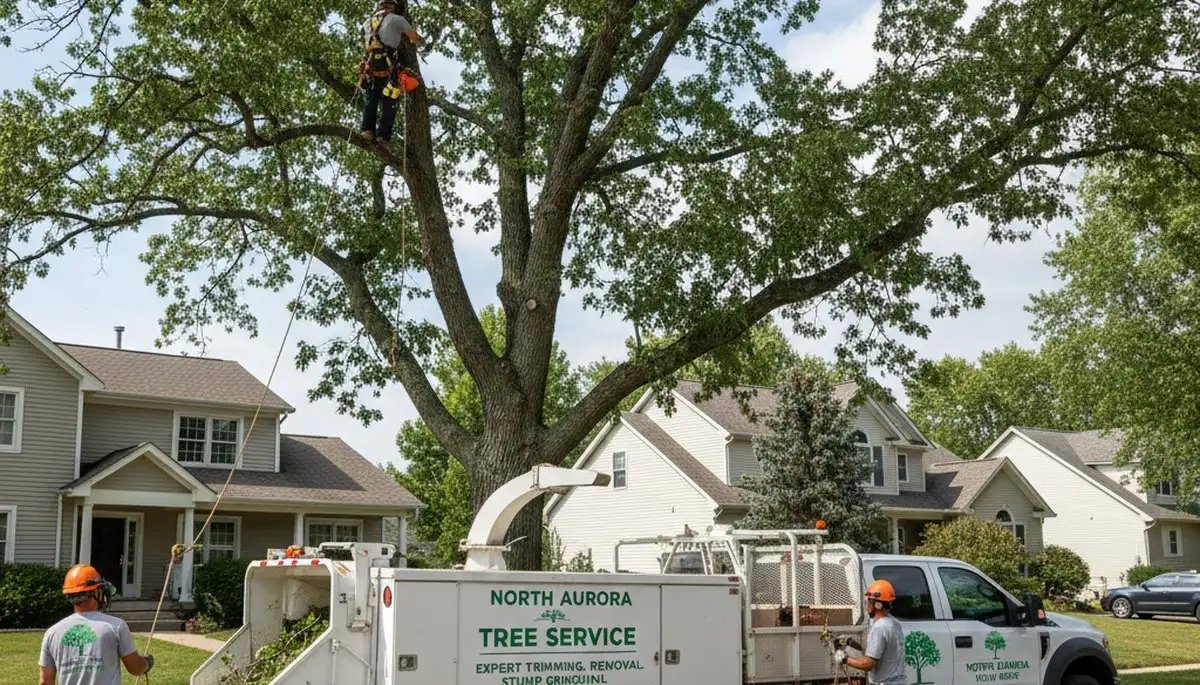 Professional tree removal service in Naperville IL safely cutting and clearing large oak tree