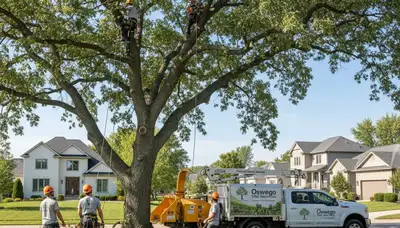 Professional tree removal service in Naperville IL safely cutting large oak tree