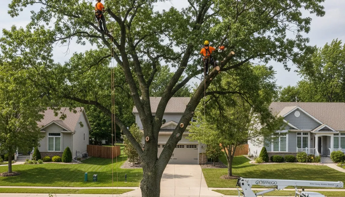 Professional tree removal service in Naperville IL safely cutting and clearing large oak tree