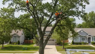 Professional tree removal service in Naperville IL safely cutting and clearing large oak tree