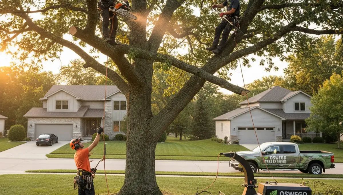 Professional tree removal service in Naperville, IL safely cutting and clearing large oak tree branches