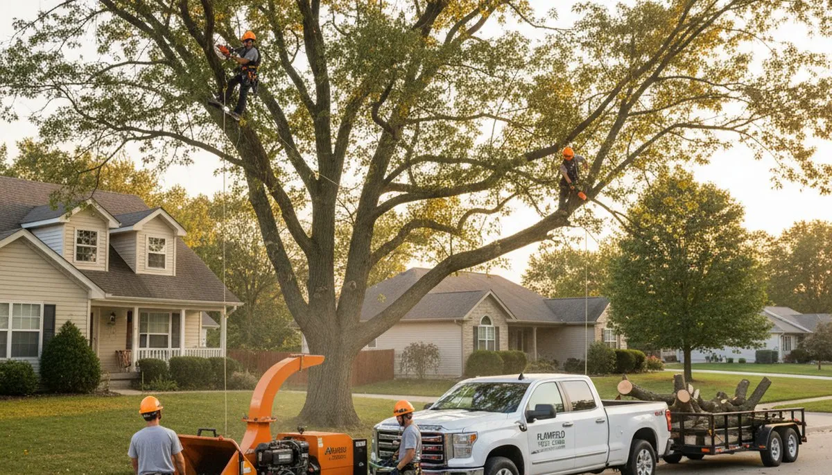 Professional tree removal service in Naperville IL safely cutting large oak tree