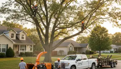 Professional tree removal service in Naperville IL safely cutting large oak tree