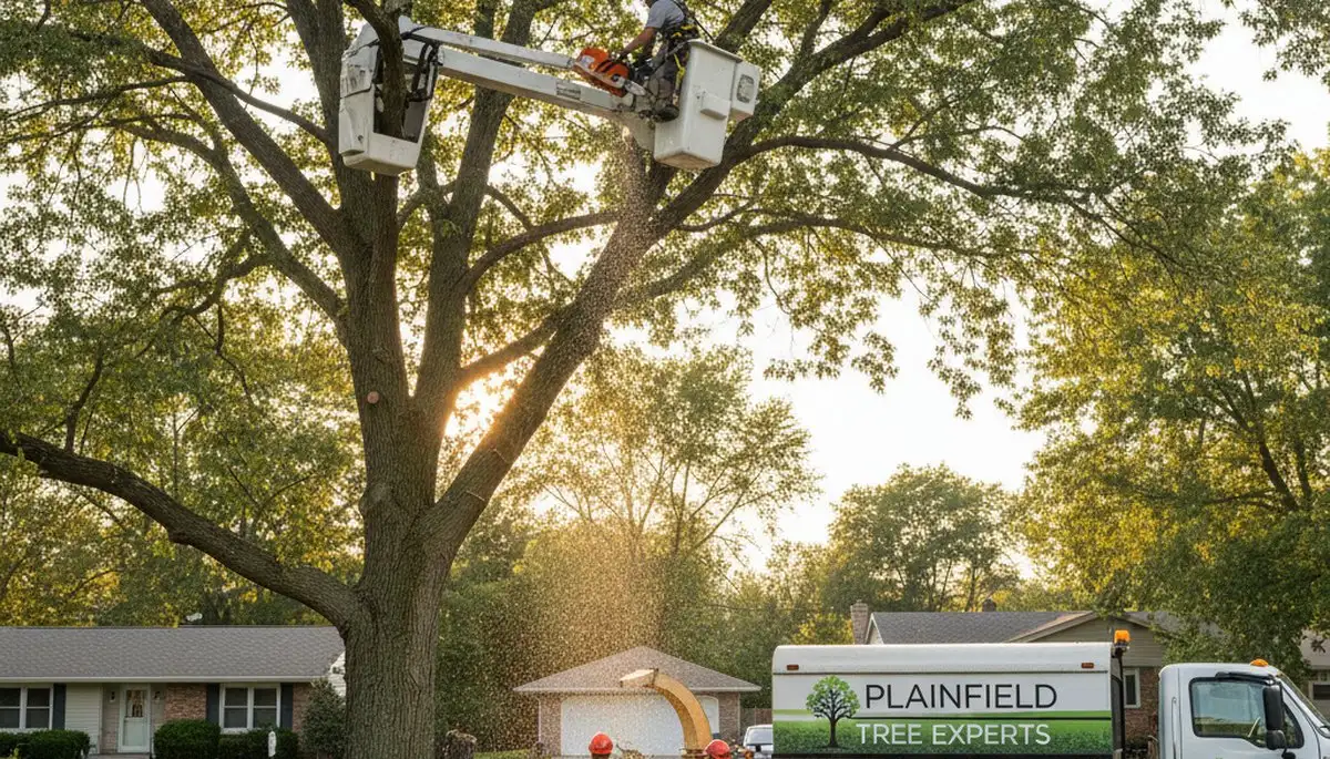 Professional tree removal service in Naperville, IL safely cutting and clearing large oak trees