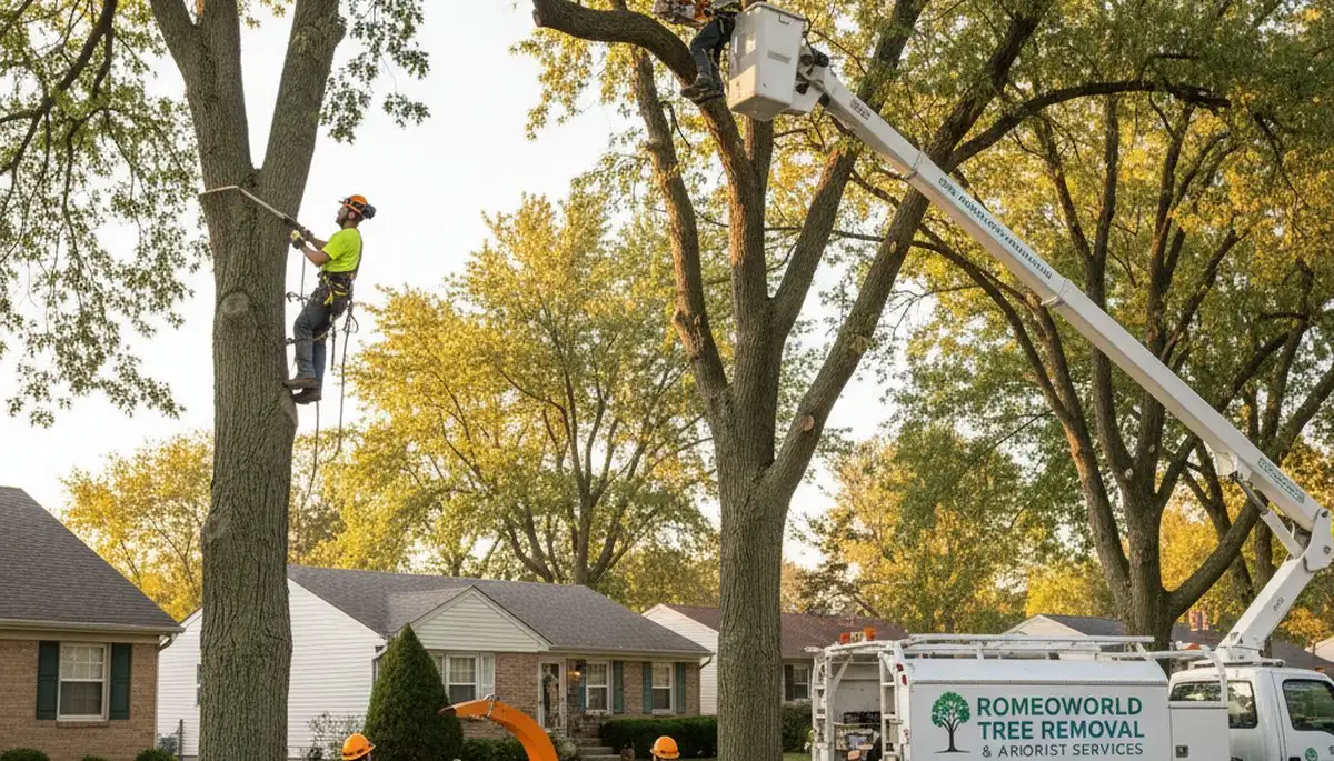 Professional tree removal service in Naperville IL safely cutting large oak tree