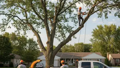 Professional tree removal service in Naperville IL safely cutting and clearing large yard trees