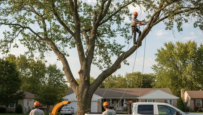 Professional tree removal service in Naperville IL safely cutting and clearing large yard trees