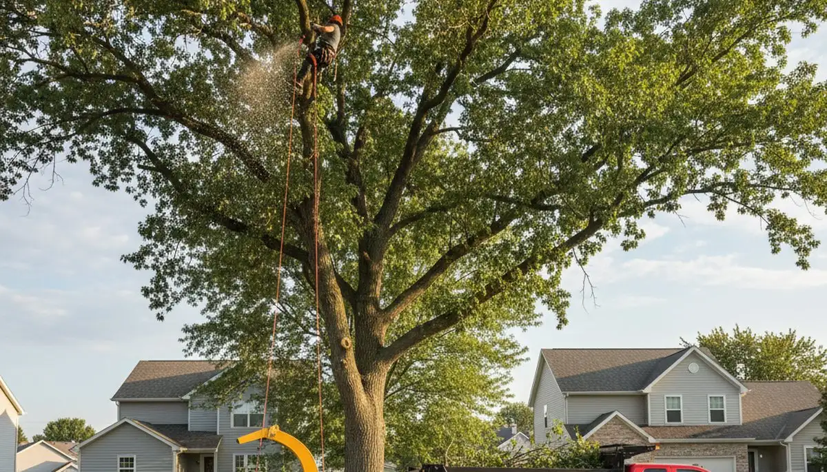 Professional tree removal service in Naperville IL safely cutting and clearing large oak tree