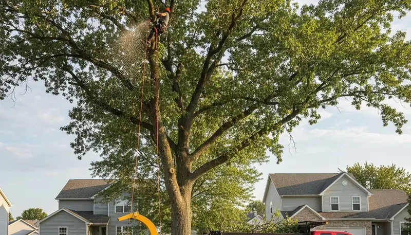 Professional tree removal service in Naperville IL safely cutting and clearing large oak tree