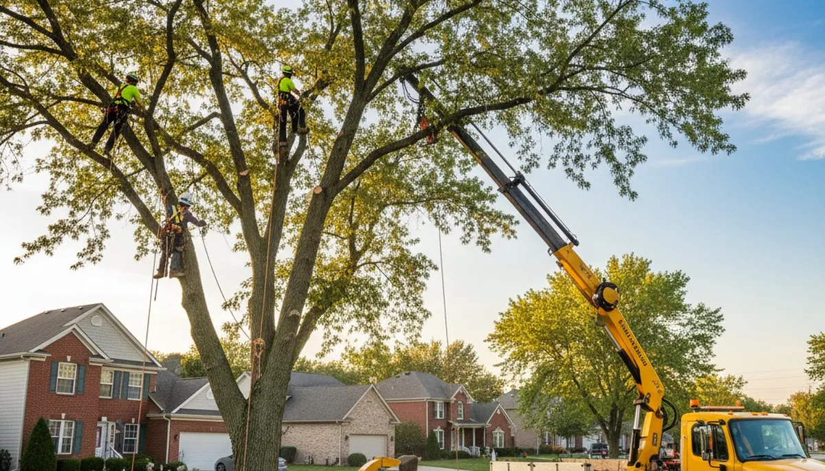 Professional tree removal service in Naperville, IL safely cutting down large oak tree