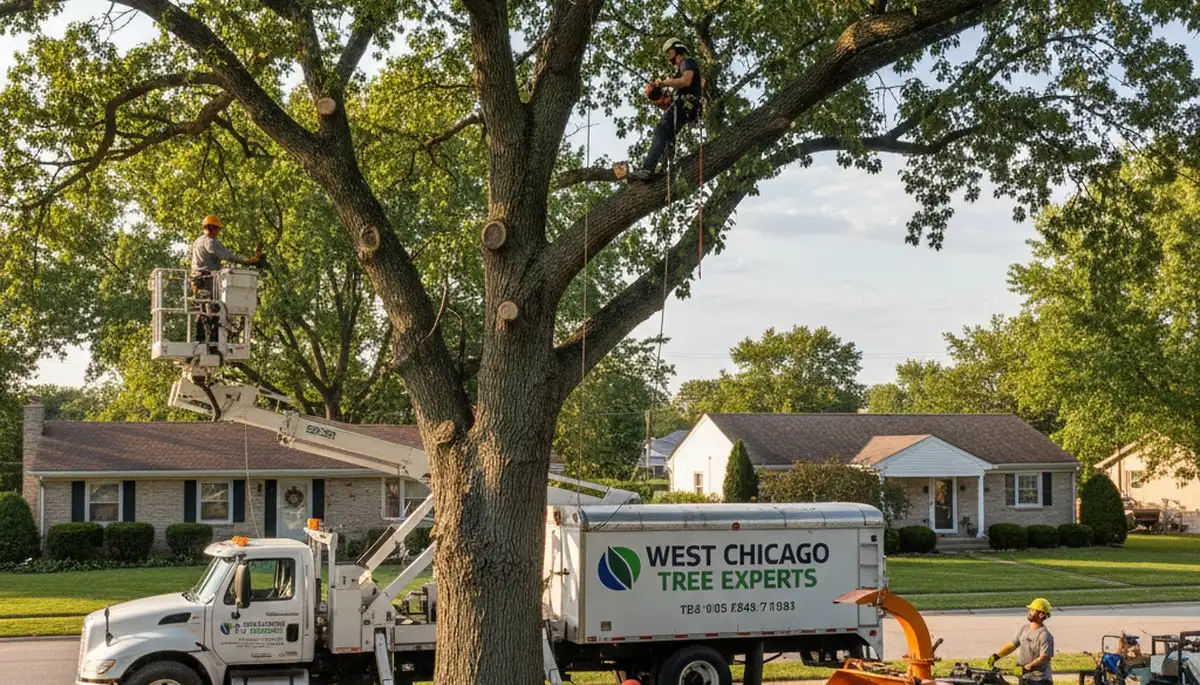 Professional tree removal service in Naperville IL safely clearing large oak tree from residential yard