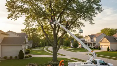 Professional tree removal service in Naperville, IL safely cutting and clearing large oak tree