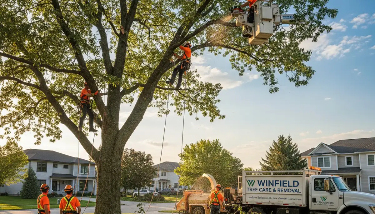 Professional tree removal service in Naperville IL safely cutting and clearing large oak tree