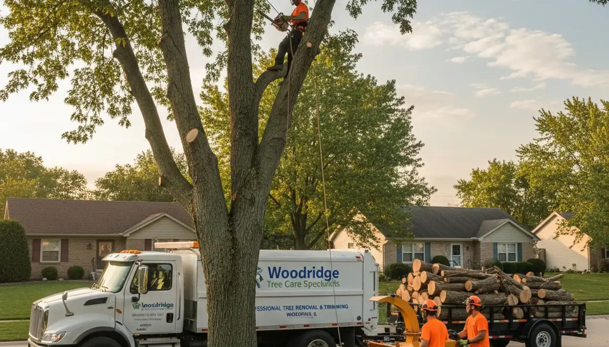 Professional tree removal service in Naperville IL safely cutting and clearing large oak tree